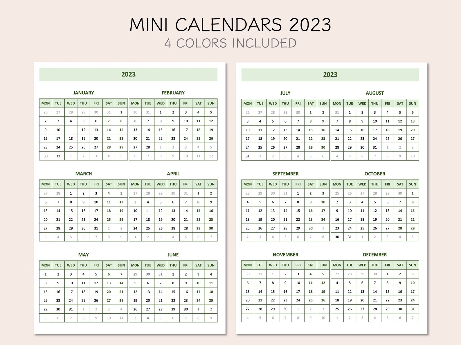Printable Mini Monthly Calendars 2023 Yearly Overview 2023 Etsy Hong Kong