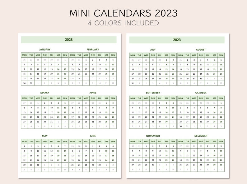 Printable Mini Monthly Calendars 2023 Yearly Overview 2023 - Etsy Hong Kong
