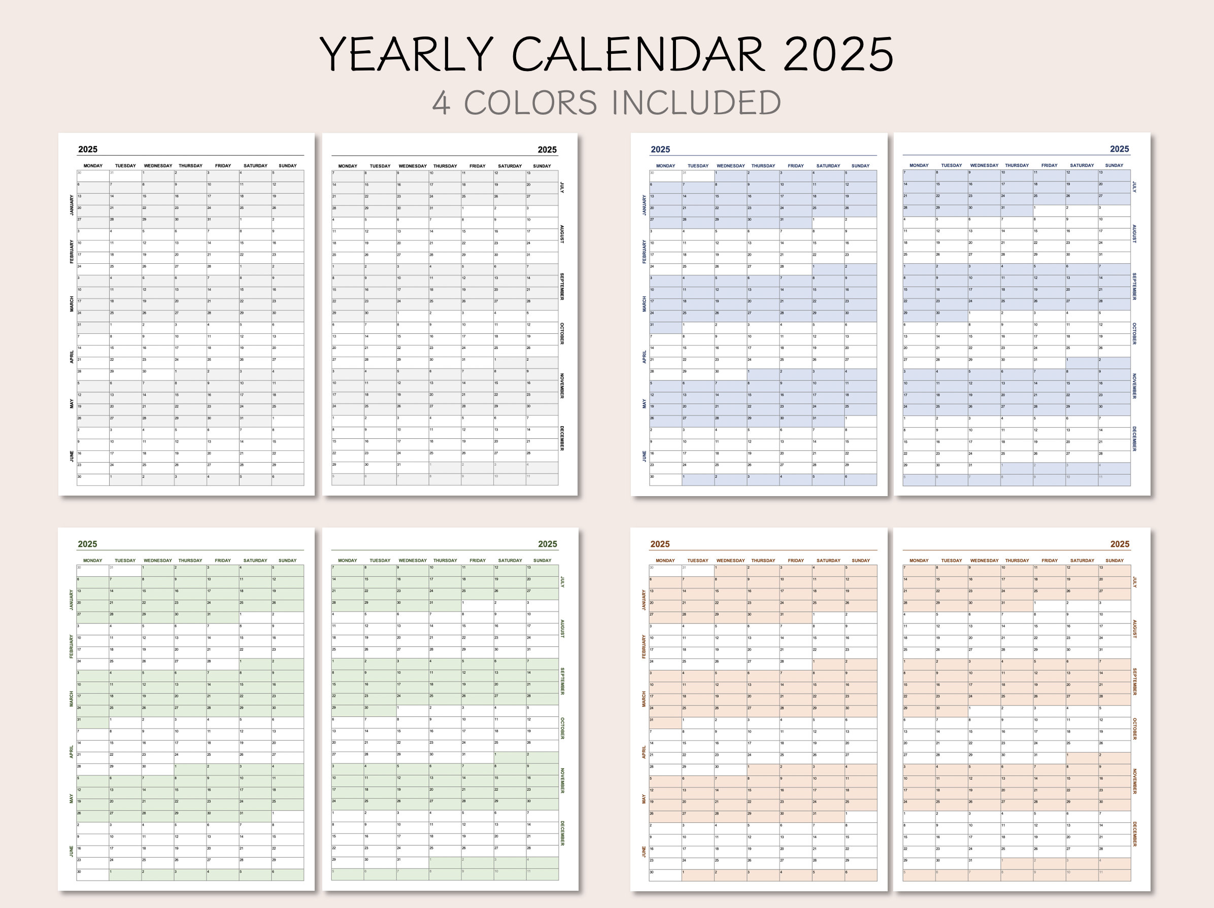 5-year Bundle: Yearly Calendars 2025-2025-2026-2027-2028, Printable Calendars, Year at A Glance 