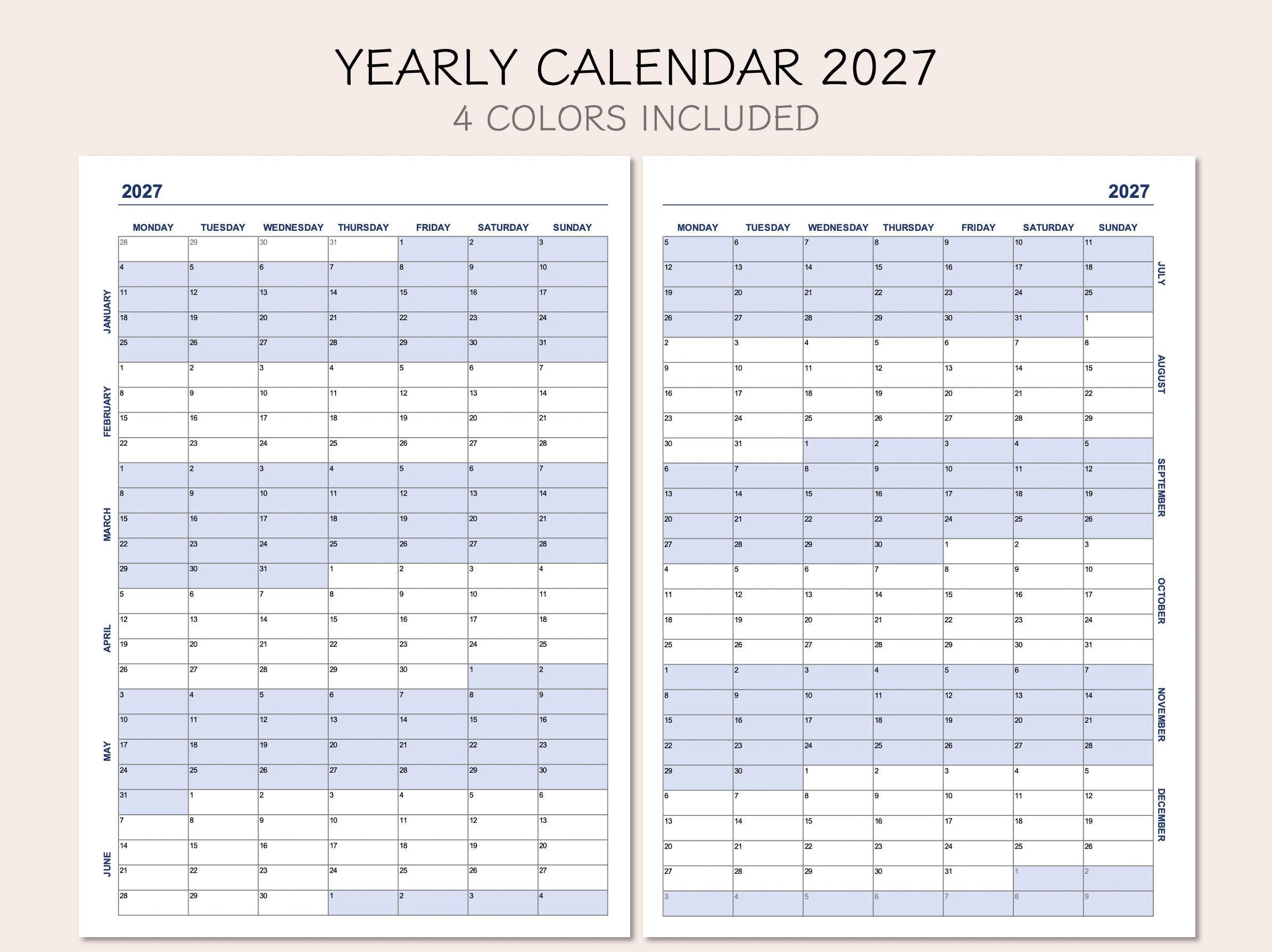Jahreskalender 2027, Druckbarer Kalender 2027, das Jahr auf einen Blick