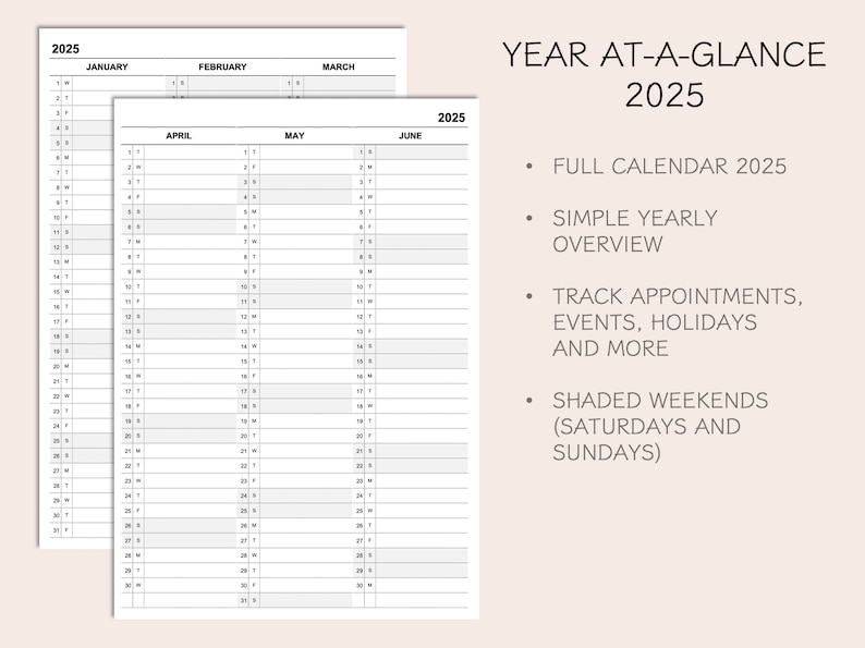 Printable Yearly Planner Calendar 2025, Yearly Overview 2025, Year Ata
