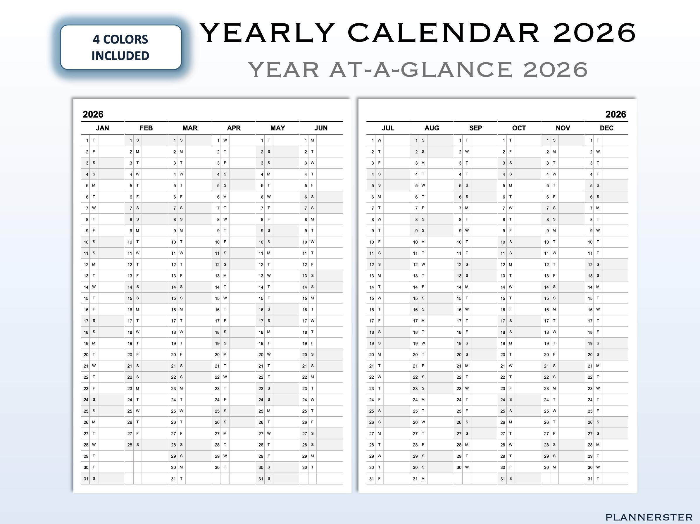 2026 Yearly Calendar Printable Yearly Planner in 4 Colors Year Ata