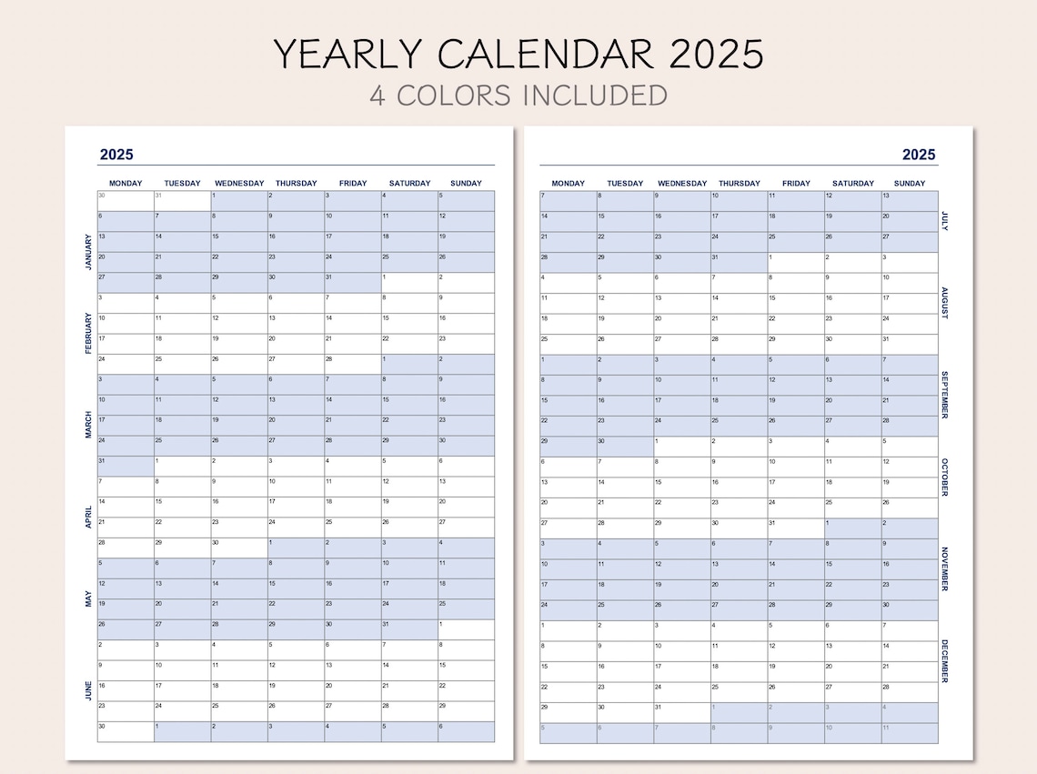 Yearly Calendar 2025, Printable Calendar 2025, Year at A Glance 2025