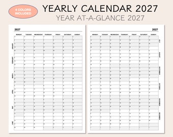 Op de afbeelding: Een zwart-witte jaarlijkse kalender voor 2027 met een jaaroverzicht. De kalender is verdeeld in twee kolommen, die elk zes maanden tonen. De maanden zijn gelabeld met hun volledige namen en de dagen van de week zijn afgekort. De kalender is ontworpen voor eenvoudige planning en organisatie.