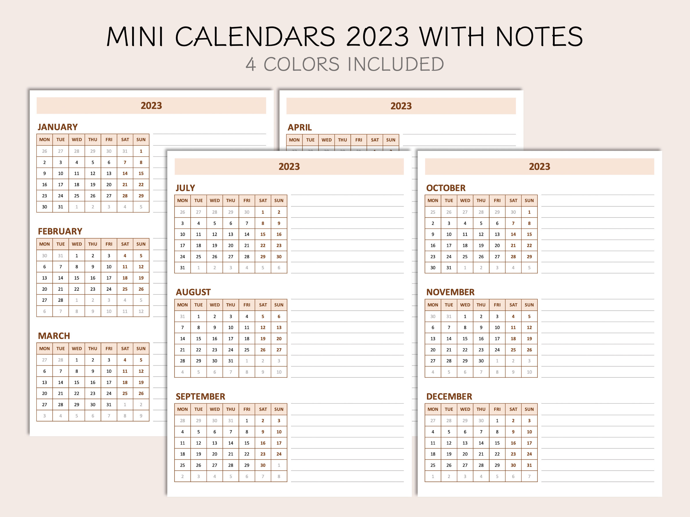 Printable Mini Monthly Calendars 2023, Yearly Overview With Notes, Year ...