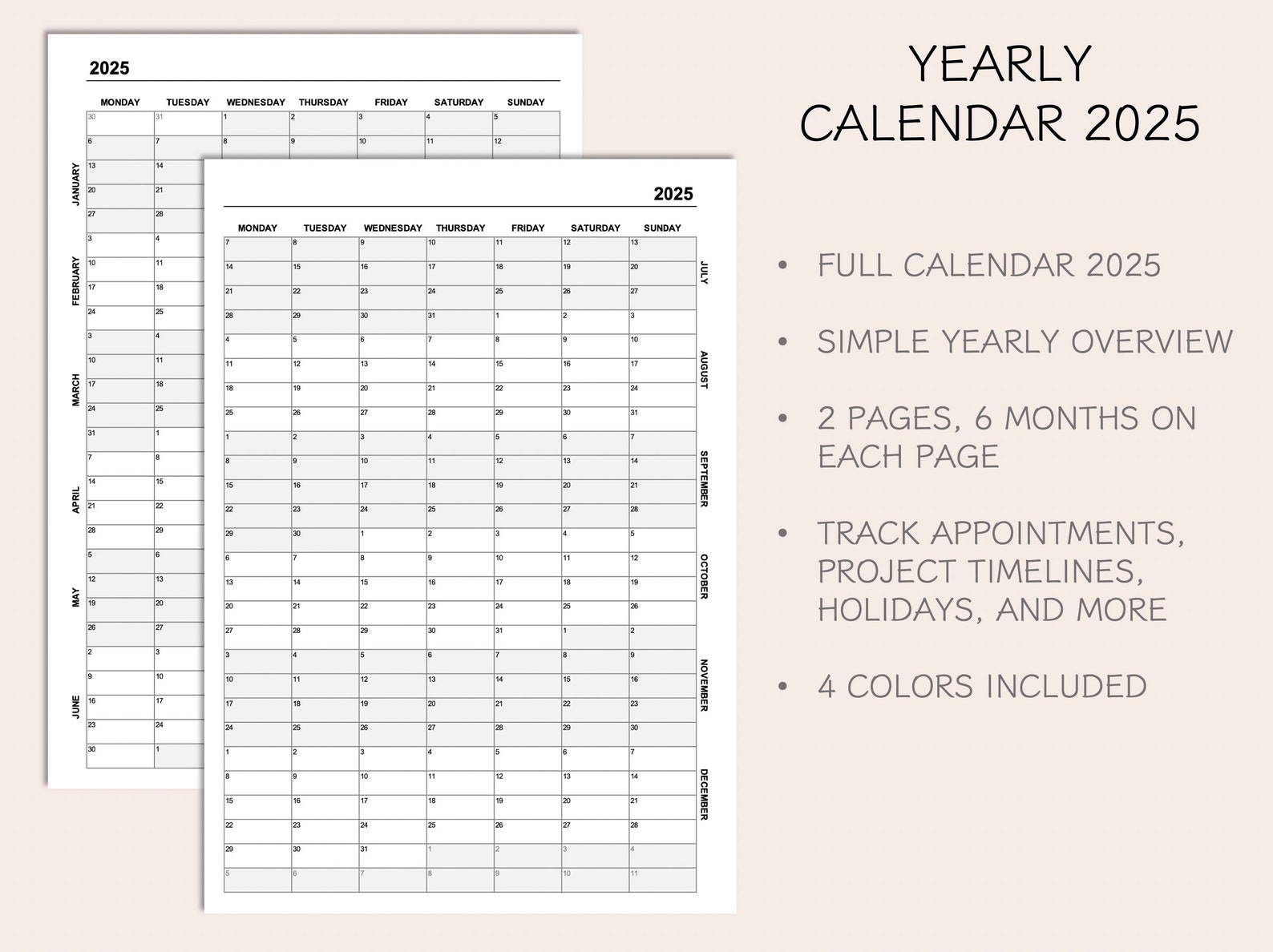 Yearly Calendar 2025, Printable Calendar 2025, Year at A Glance 2025