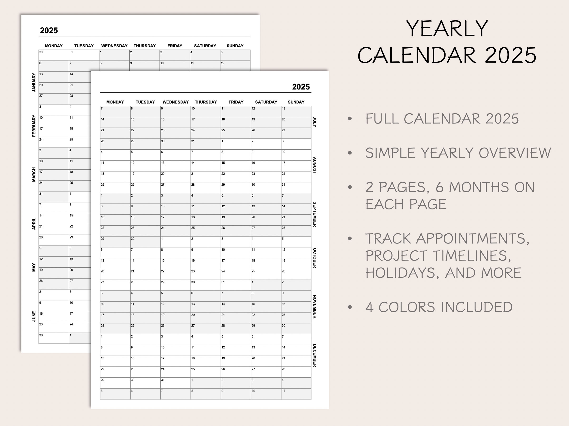 Yearly Calendar 2025, Printable Calendar 2025, Year at A Glance 2025
