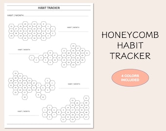 May include: A printable honeycomb habit tracker with four different colour options. The tracker is designed to help you track your daily habits and progress over time. Each month has a separate page with a honeycomb grid for marking off days.