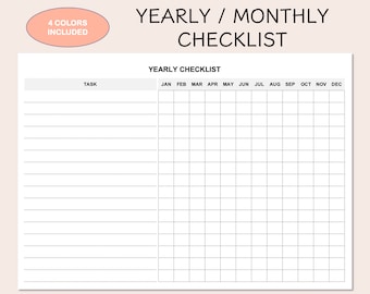 Printable Yearly Checklist, Horizontal Planner, 4 Colors (Digital Download)