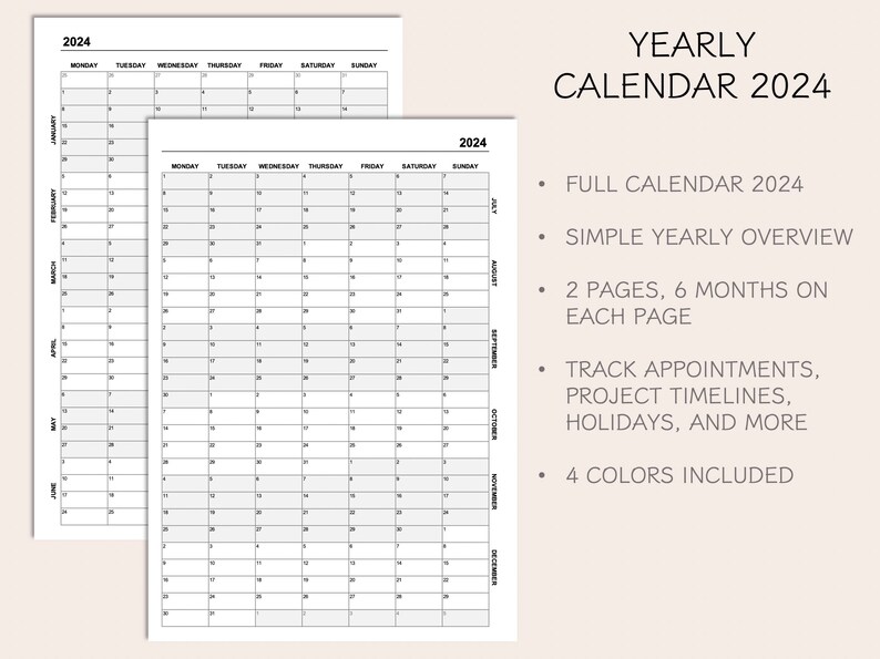 Yearly Calendar 2024, Printable Calendar 2024, Year at A Glance 2024