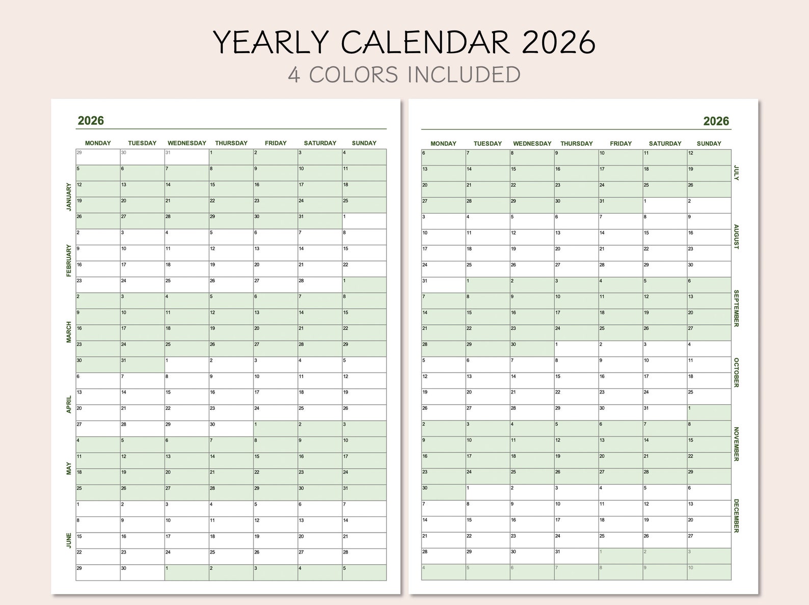 Yearly Calendar 2026, Printable Calendar 2026, Year at A Glance 2026