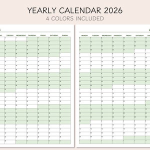 Yearly Calendar 2026, Printable Calendar 2026, Year at A Glance 2026 ...
