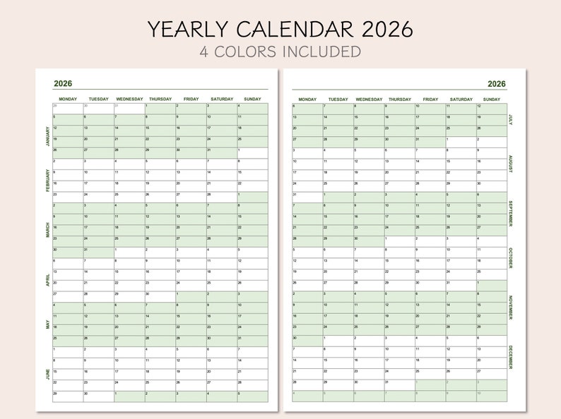 Yearly Calendar 2026, Printable Calendar 2026, Year at A Glance 2026