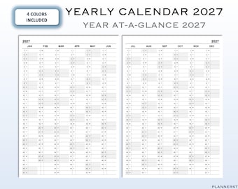 May include: A 2027 yearly calendar, showing the year at a glance. The calendar displays the months from January to December, with each day of the month listed. The text "4 COLORS INCLUDED" is in the upper left corner.