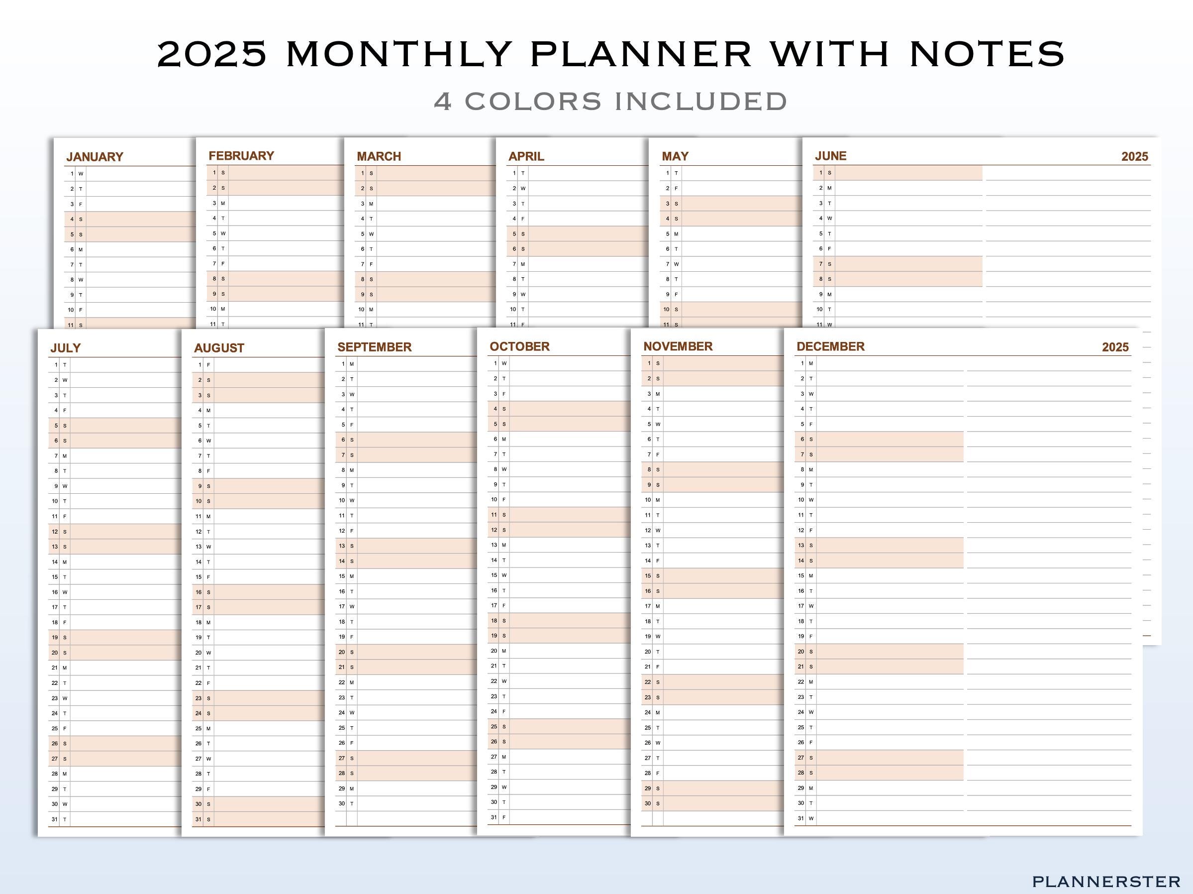 2025 Monthly Planner With Notes | Printable Calendar, 4 Colors (PDF) - Etsy