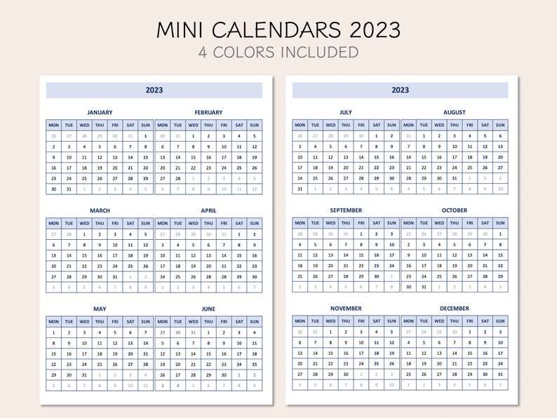 Printable Mini Monthly Calendars 2023 Yearly Overview 2023 Etsy Hong Kong