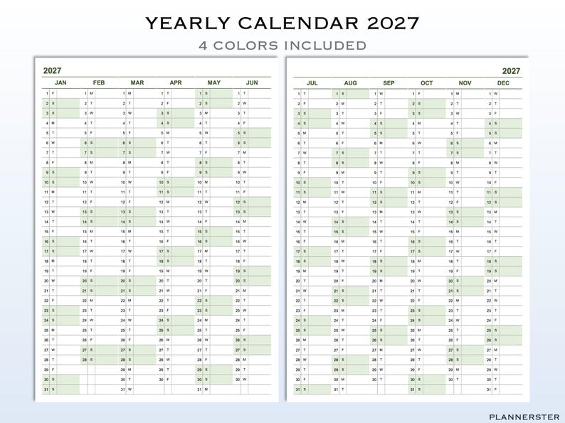 2027 Yearly Calendar - Printable Yearly Planner in 4 Colors | Year At-a