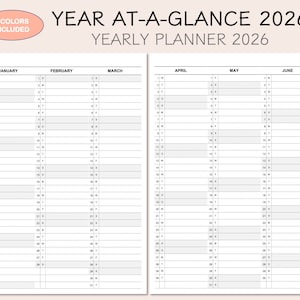 Printable Yearly Planner Calendar 2026, Yearly Overview 2026, Year At-A-Glance 2026, 4 Colors