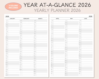 2026 Yearly Planner Calendar, Year At-A-Glance, 4 Colors (Printable PDF)