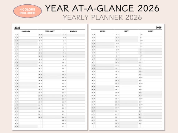 2026 Yearly Planner Calendar, Year At-A-Glance, 4 Colors (Printable PDF)