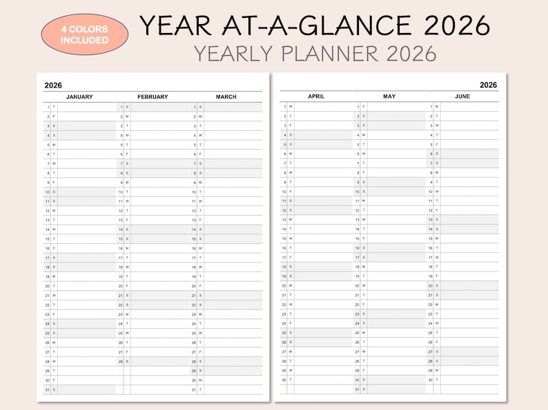 May include: A black and white yearly planner for 2026 with a year at a glance calendar. The planner includes a separate page for each month, with space to write in dates and events. The planner is titled "Year at a Glance 2026" and "Yearly Planner 2026".
