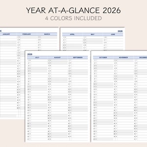 May include: A printable year-at-a-glance calendar for 2026. The calendar is divided into 12 months, with each month having its own column. The calendar is designed to be printed on 8.5 x 11 inch paper. The calendar is in a simple, minimalist style, with a light blue border and gray text.