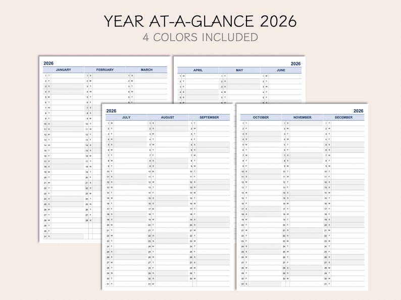 Printable Yearly Planner Calendar 2026, Yearly Overview 2026, Year At-a-glance 2026, 4 Colors - Etsy