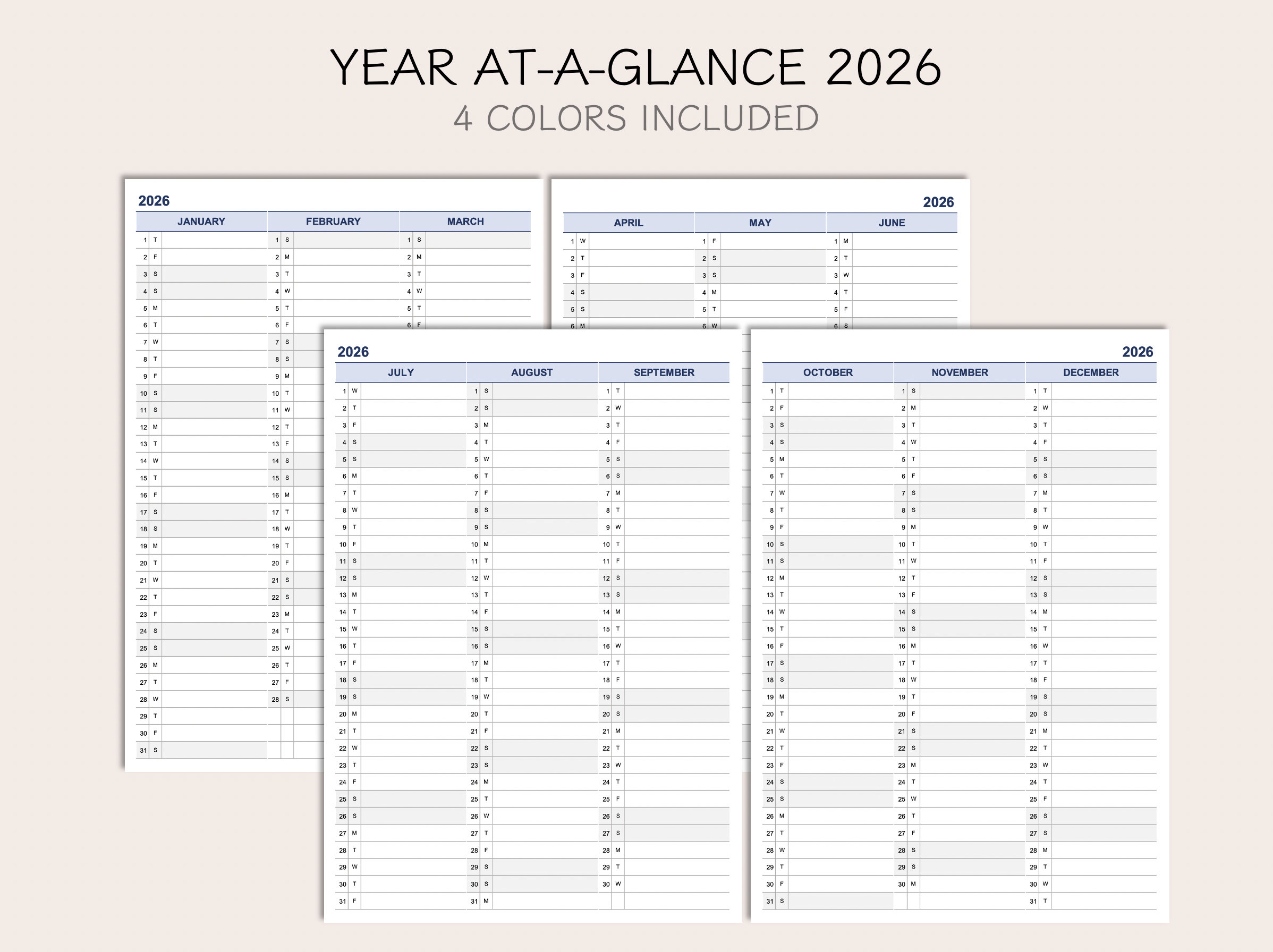 Printable Yearly Planner Calendar 2026, Yearly Overview 2026, Year Ata