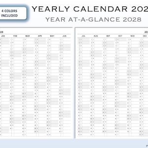 2028 Yearly Calendar - Printable Yearly Planner in 4 Colors | Year At-A-Glance | Yearly Overview