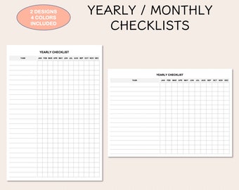 May include: Two white yearly checklist templates with grid layouts for tracking tasks. The checklists include the months of the year across the top. The image also includes a peach-coloured oval with the text "2 Designs 4 Colours Included".