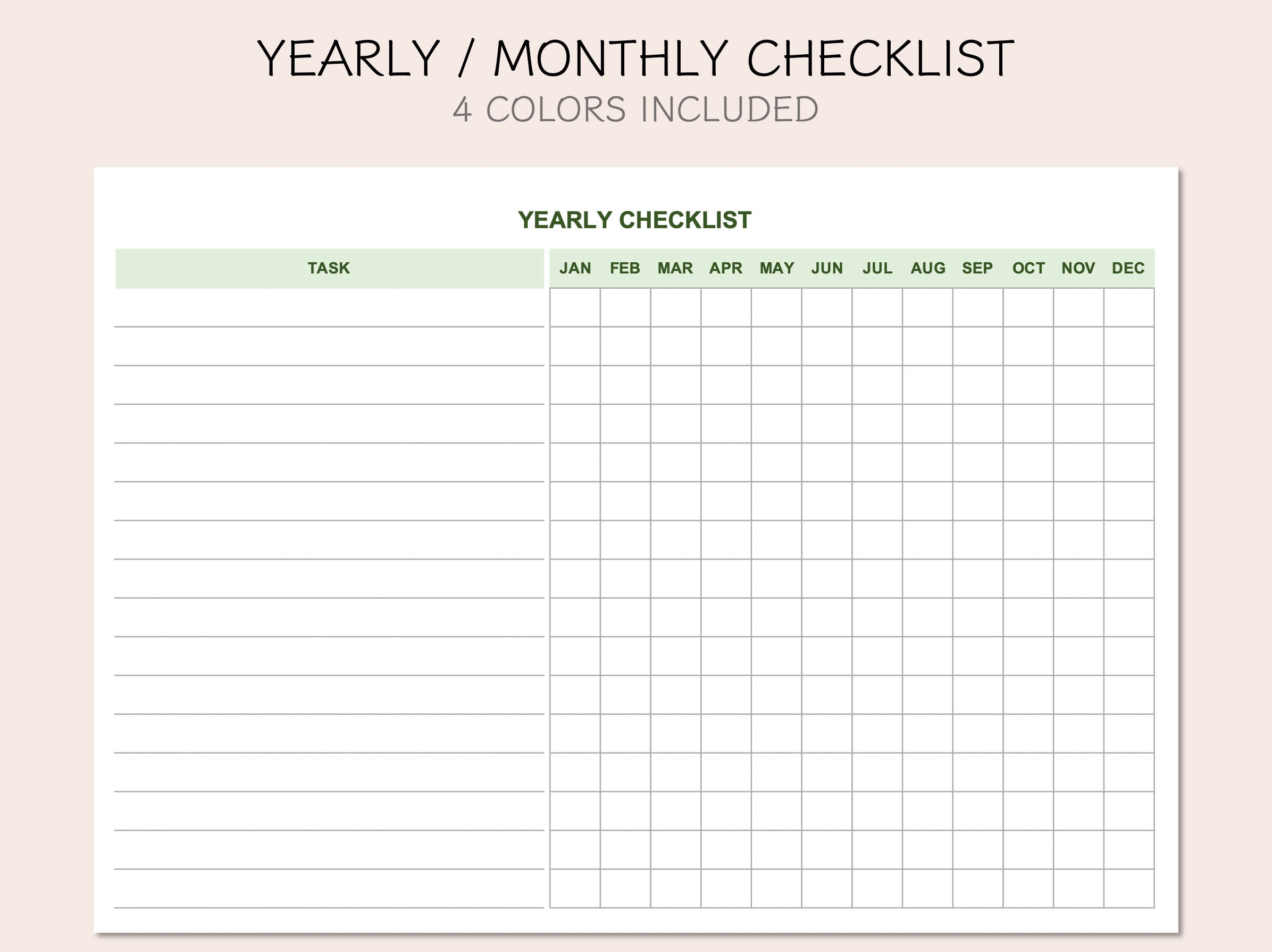 Printable Yearly Checklist, Monthly Checklist, to Do List, Yearly