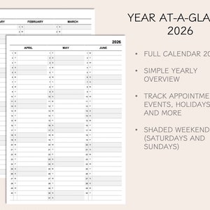 May include: A black and white printable calendar for the year 2026. The calendar is divided into 12 months, with each month having its own column. The calendar includes a simple yearly overview, shaded weekends, and space to track appointments, events, and holidays.