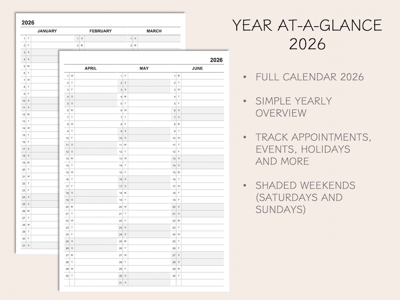 Printable Yearly Planner Calendar 2026, Yearly Overview 2026, Year At-a-glance 2026, 4 Colors - Etsy