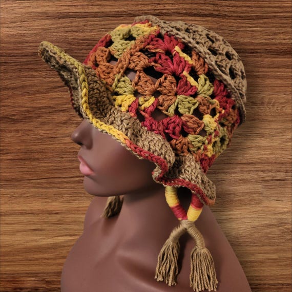 Handmade Crochet Bucket Hat & Earrings Set — Brown with Yellow Accents Crochet Bucket Hat & Earring Set - Etsy main image 3