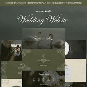 May include: A wedding website template with a dark green background. The words "Wedding Website" are in elegant script. The template includes images of swans, a wedding couple, and website sections. Text includes "Celia and Brad" and "Order of Events."