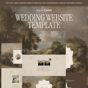 Peut inclure: Un modèle de site web de mariage au style vintage. Le design présente des illustrations de paysages et une palette de couleurs douces. Le texte "WEDDING WEBSITE TEMPLATE" est affiché en police serif. Entièrement personnalisable et adapté aux mobiles.