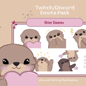 Könnte beinhalten: Ein digitales Twitch/Discord Emote-Paket mit verschiedenen Cartoon-Otter-Illustrationen. Die Emotes zeigen verschiedene Ausdrücke, darunter ein Herz halten, denken und winken. Der Hintergrund ist ein weiches Beige mit kleinen Sternen.