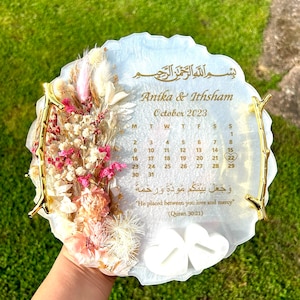 Personalized Nikah Tray: Gold & Pink Resin Ring Tray with Dried Flowers