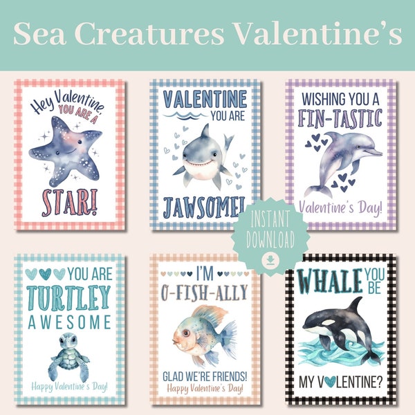 Sea Creatures Valentine's Cards, Kid's Valentine Gift Tags, Ocean Animals, Valentine Printable - US Letter, Instant Download