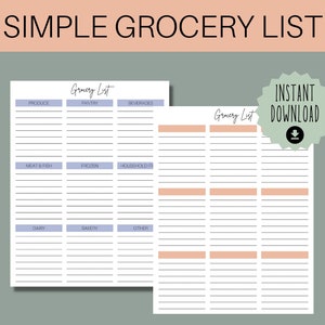 Simple Printable Grocery List, Print at Home Shopping List With or Without Labels