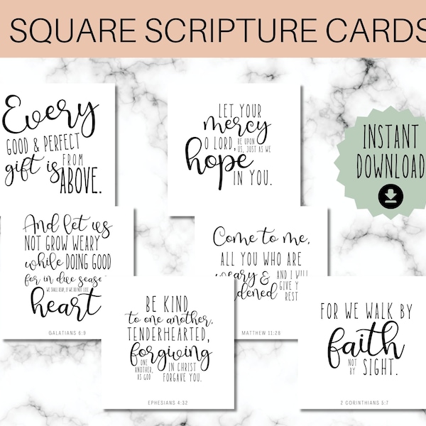 Black and White Scripture Cards, Bible Verse Cards, 12 Mixed Font Square Bible Verse Cards, Digital Download - PDF