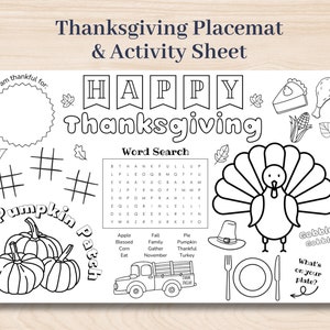Thanksgiving Kid&#39;s Activity Placemat, Printable Activity Sheet, Thanksgiving Holiday Placemat - Instant Download