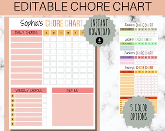 May include: Printable chore chart template with a pink and white color scheme. The chart is labeled "Sophia's Chore Chart" and includes sections for daily and weekly chores, as well as notes. The chart also includes a download button and a section for 5 color options.
