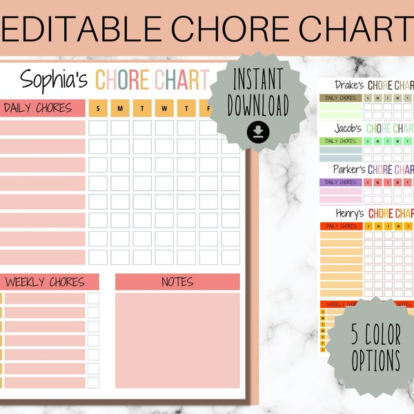 Editable Chore Chart for Kids, Weekly Responsibility Chart, Instant Download, Available in 5 Colors - Size 8.5x11