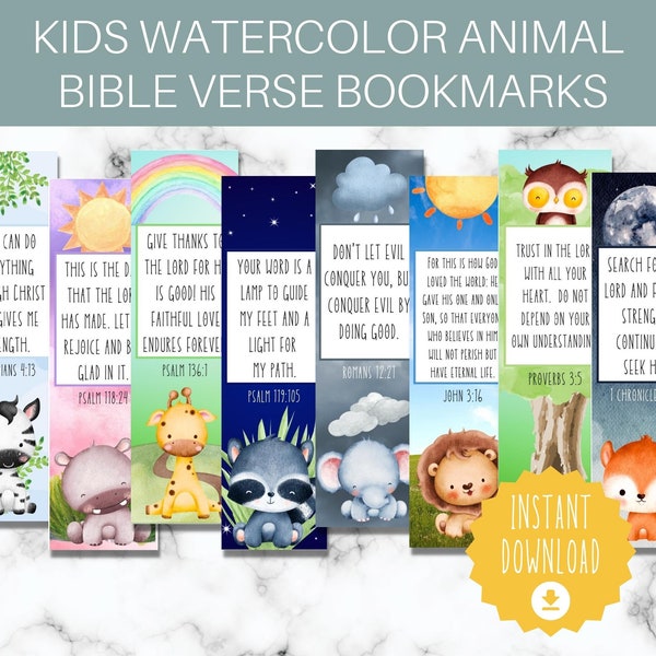 Kid's Bookmarks with Bible Verses, Watercolor Animals, Printable PDF