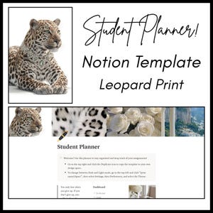 Op de afbeelding: Een digitale studentenplanner-sjabloon met een luipaardprintthema. De afbeelding bevat een gedetailleerde illustratie van een luipaard met een ketting, samen met de tekst "Student Planner! Notion Template Leopard Print."