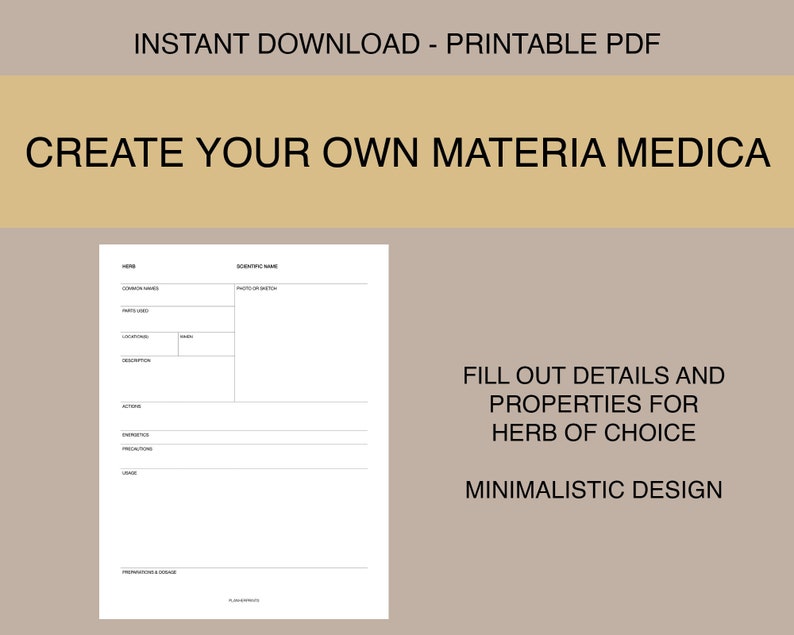 Materia Medica Herbal Journal Printable Blank Monograph Etsy