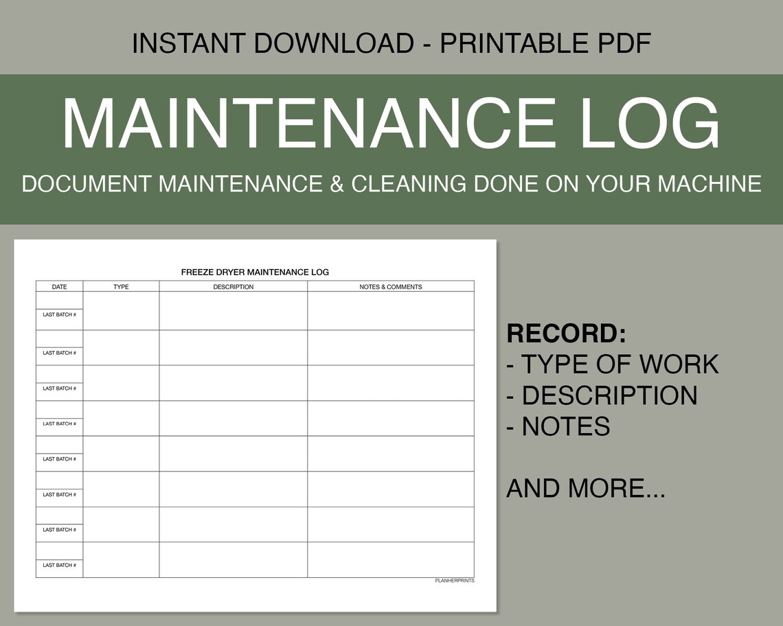 Freeze Dryer Batch Log Maintenance Records Printable PDF Food