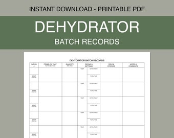 Dehydratorbatch archivering afdrukbaar | Logboek voor het bijhouden van gedehydrateerd voedsel | Voedselconservering | Pdf direct downloaden