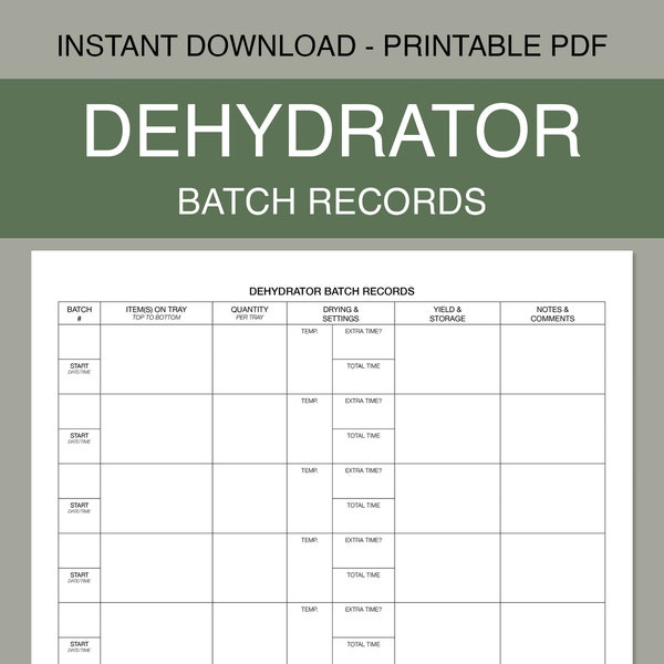 Dehydrator Batch Record Keeping Printable | Dehydrated Food Tracking Log | Food Preservation | Instant Download PDF